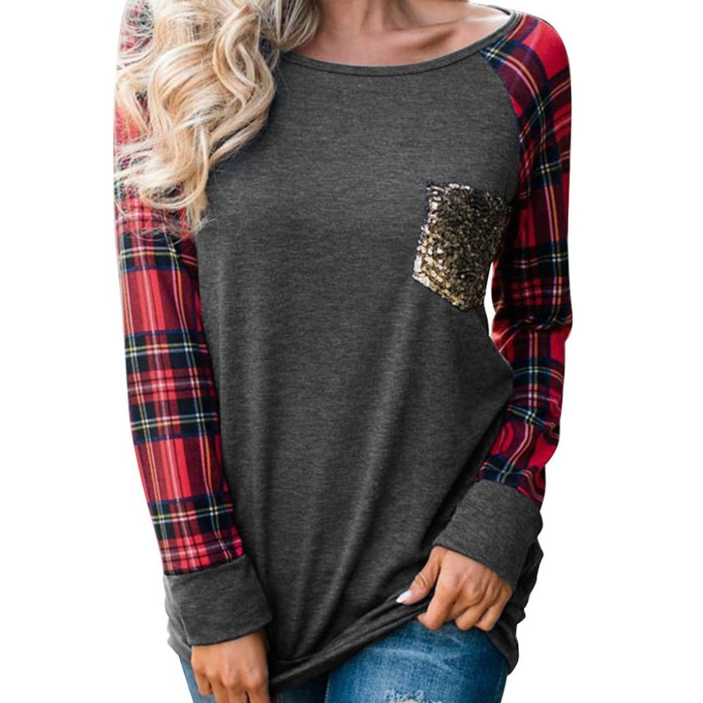 Plaid Sleeved Sequin Pocket Long Sleeve Top - Picture 2 of 4